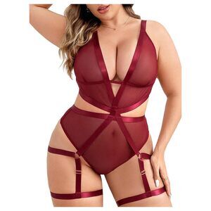 2088 Plus Size Teddy Lingerie Sheer Mesh See Through Deep V Babydoll